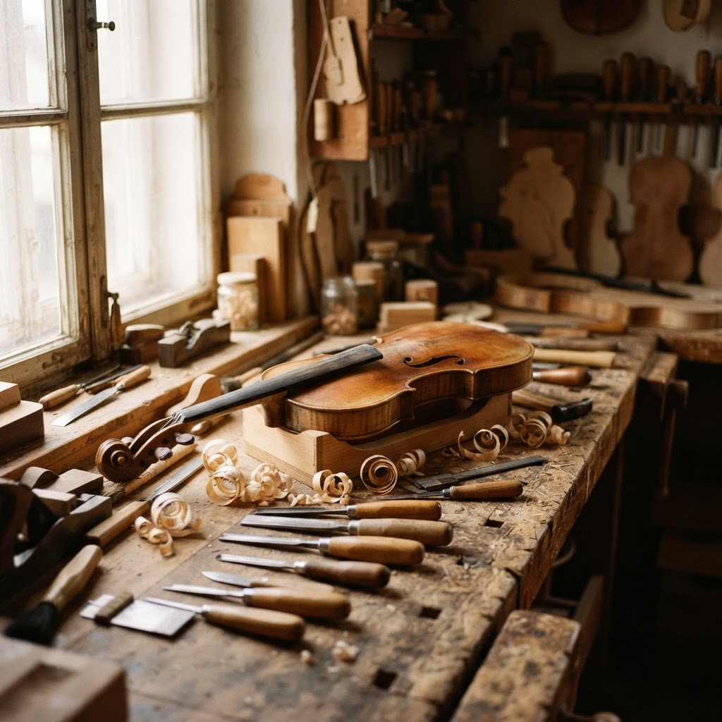 A traditional violin maker's workshop bench with hand tools and an unfinished violin
