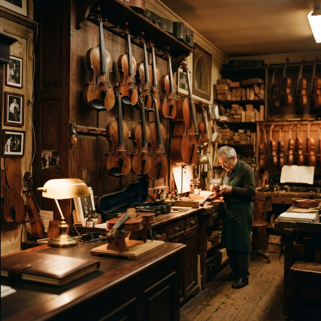 Interior of The Violin House of Weaver with fine violins on display