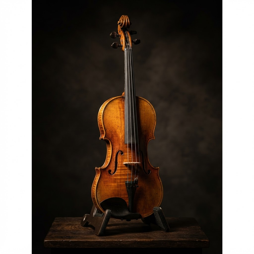 A fine antiqued Kono violin lit against a dark studio background