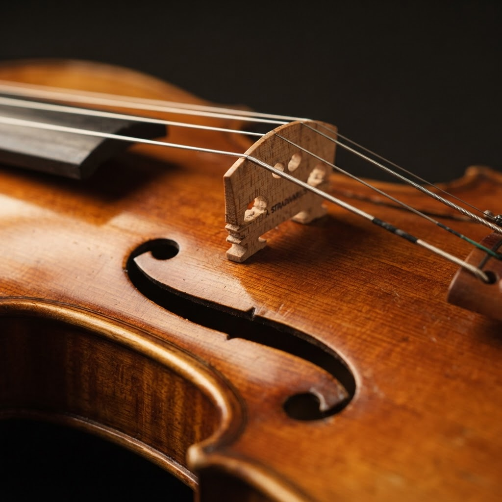 Close-up of a Kono violin bridge, f-hole and amber varnish