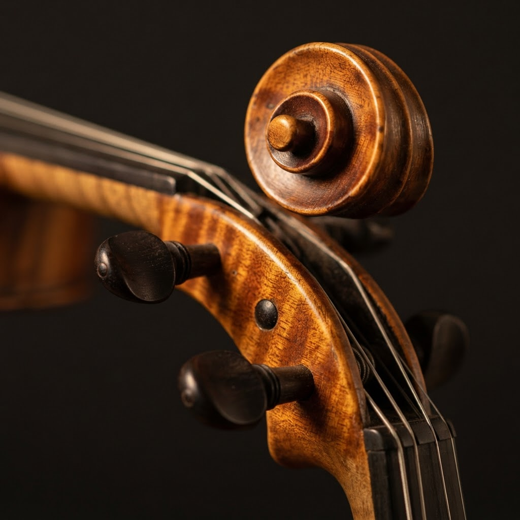 Carved scroll and pegbox of a Kono violin