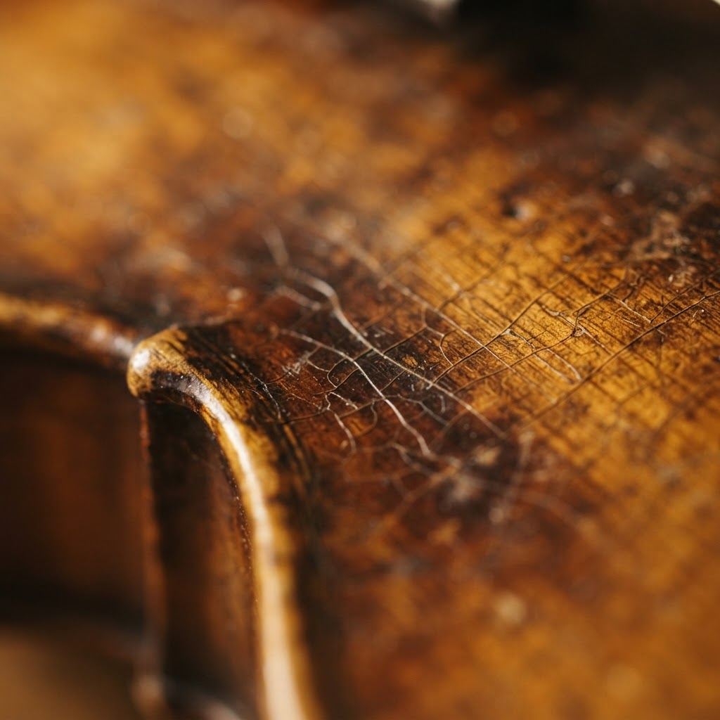 Macro detail of antiqued violin varnish