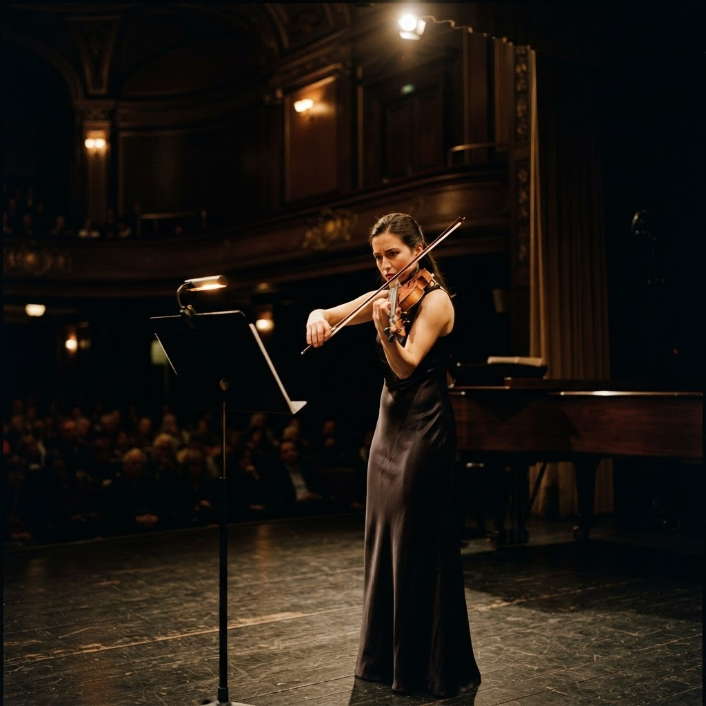 A professional violinist performing in a concert hall